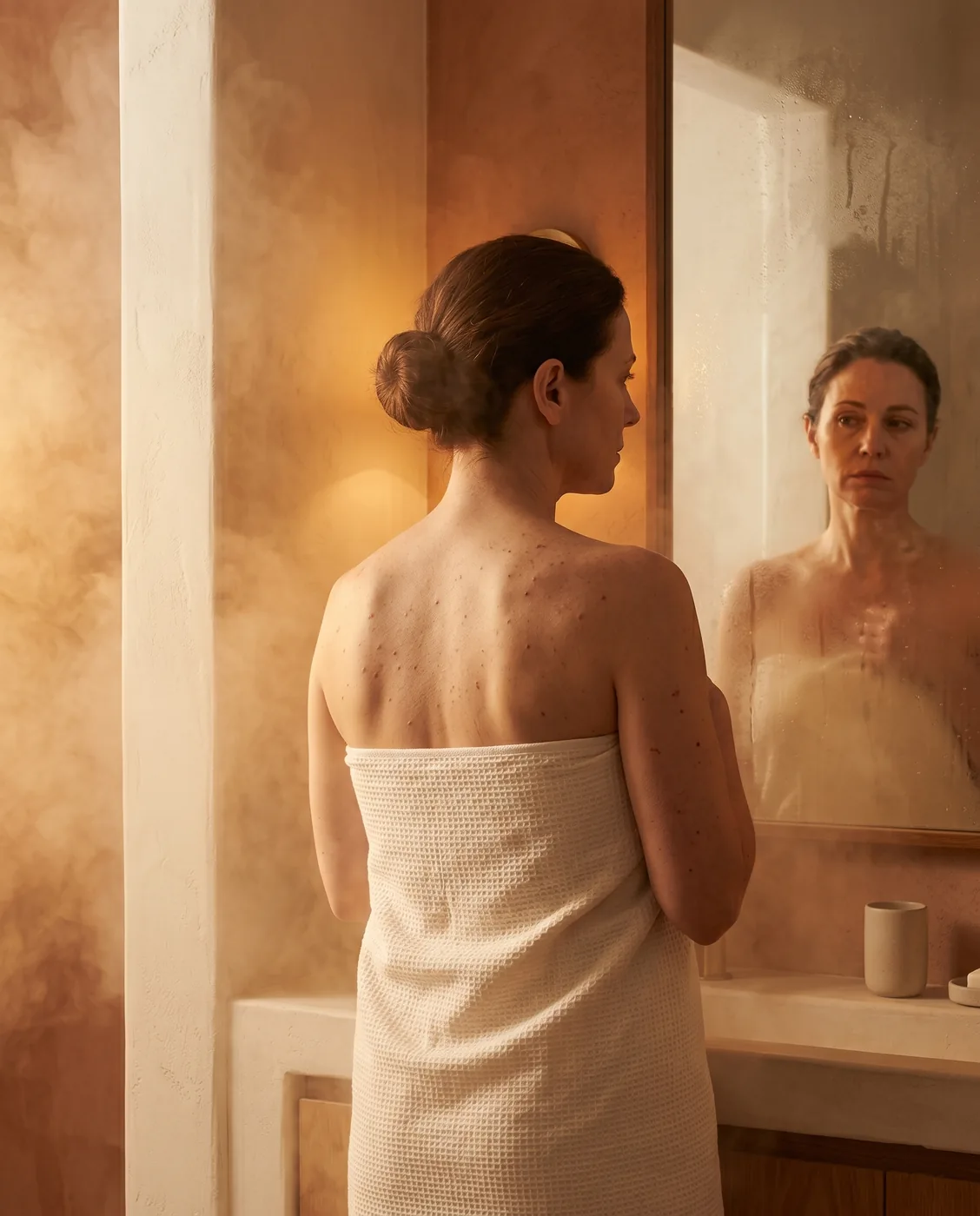 Woman looking in mirror — the mirror moment