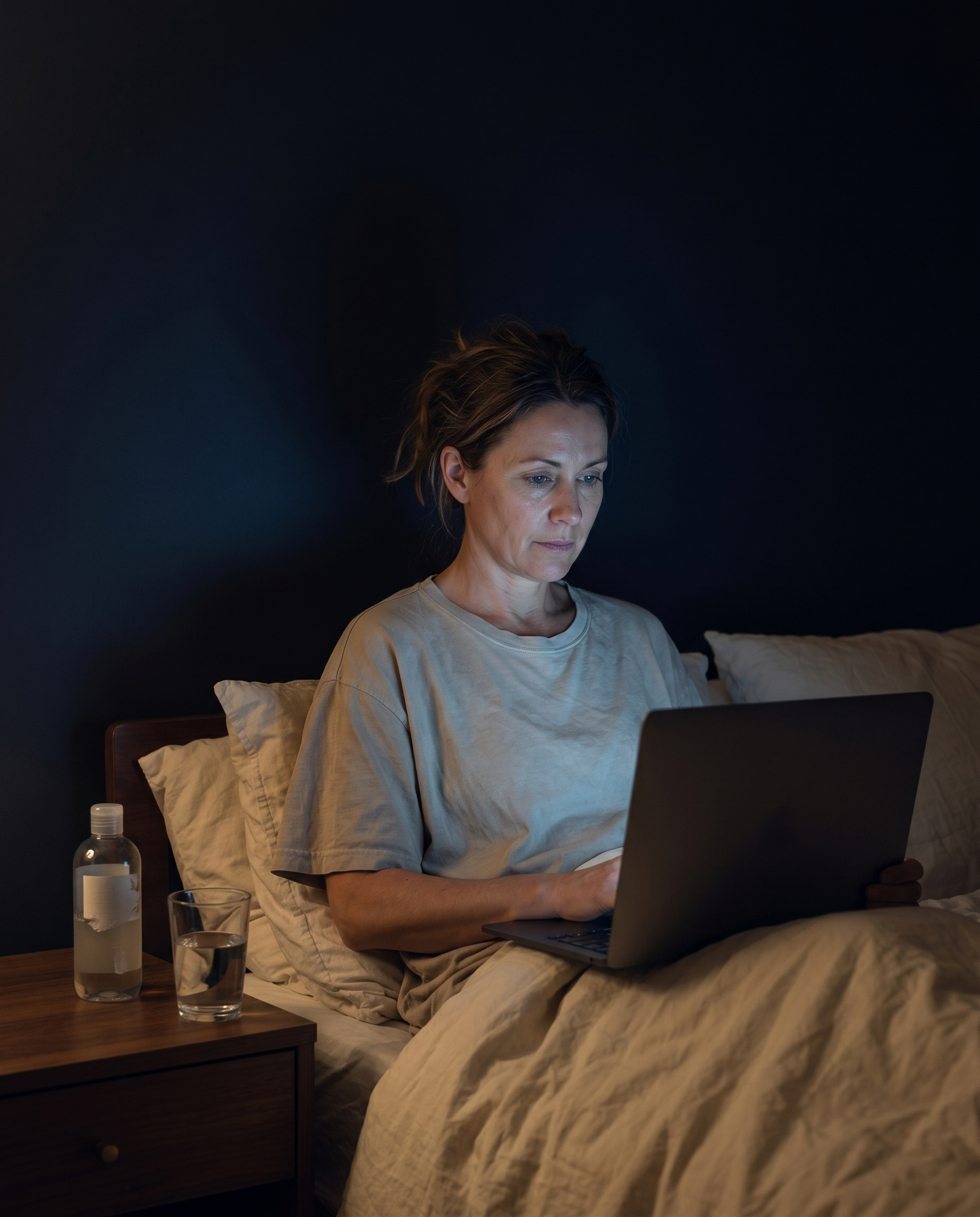 Woman searching in bed at night for an answer