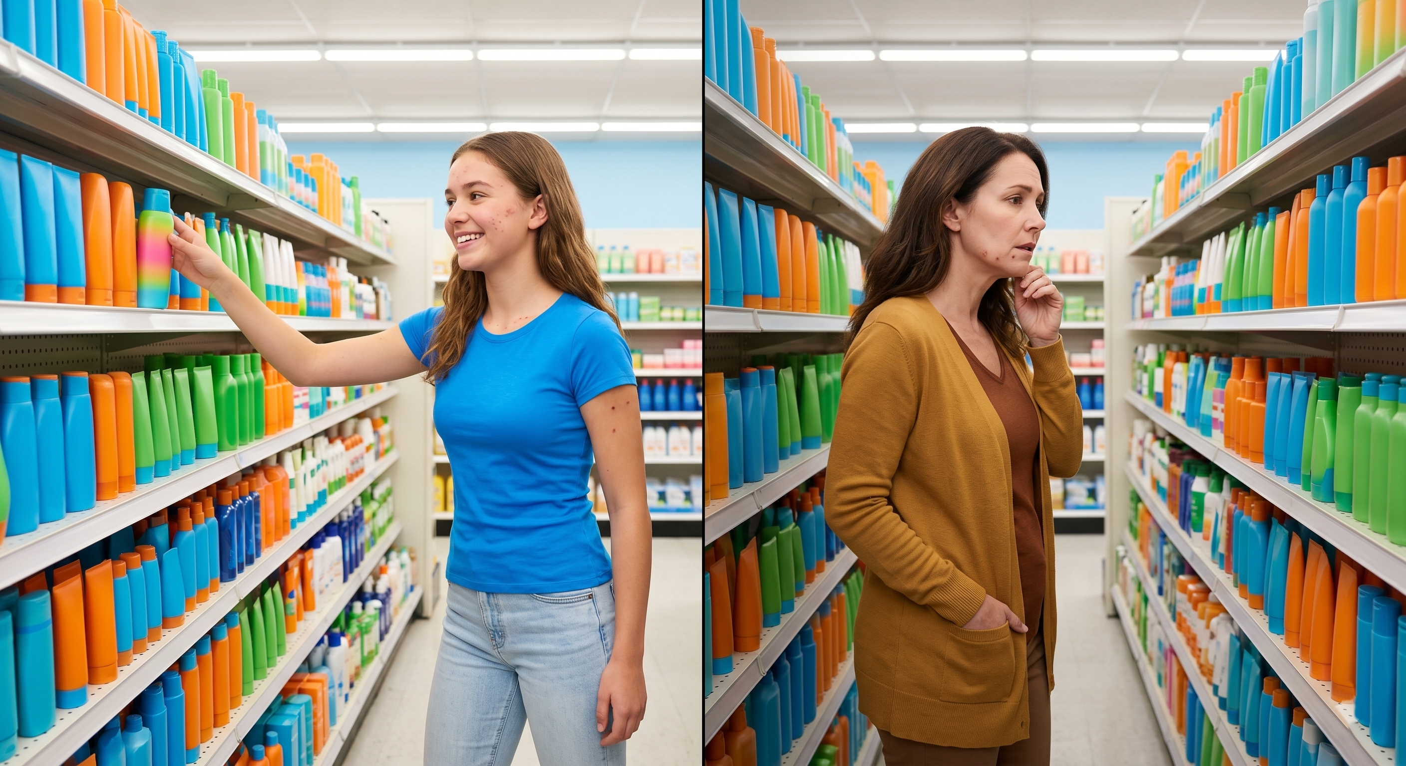 Teenager vs adult woman in the drugstore aisle — two different people, one product
