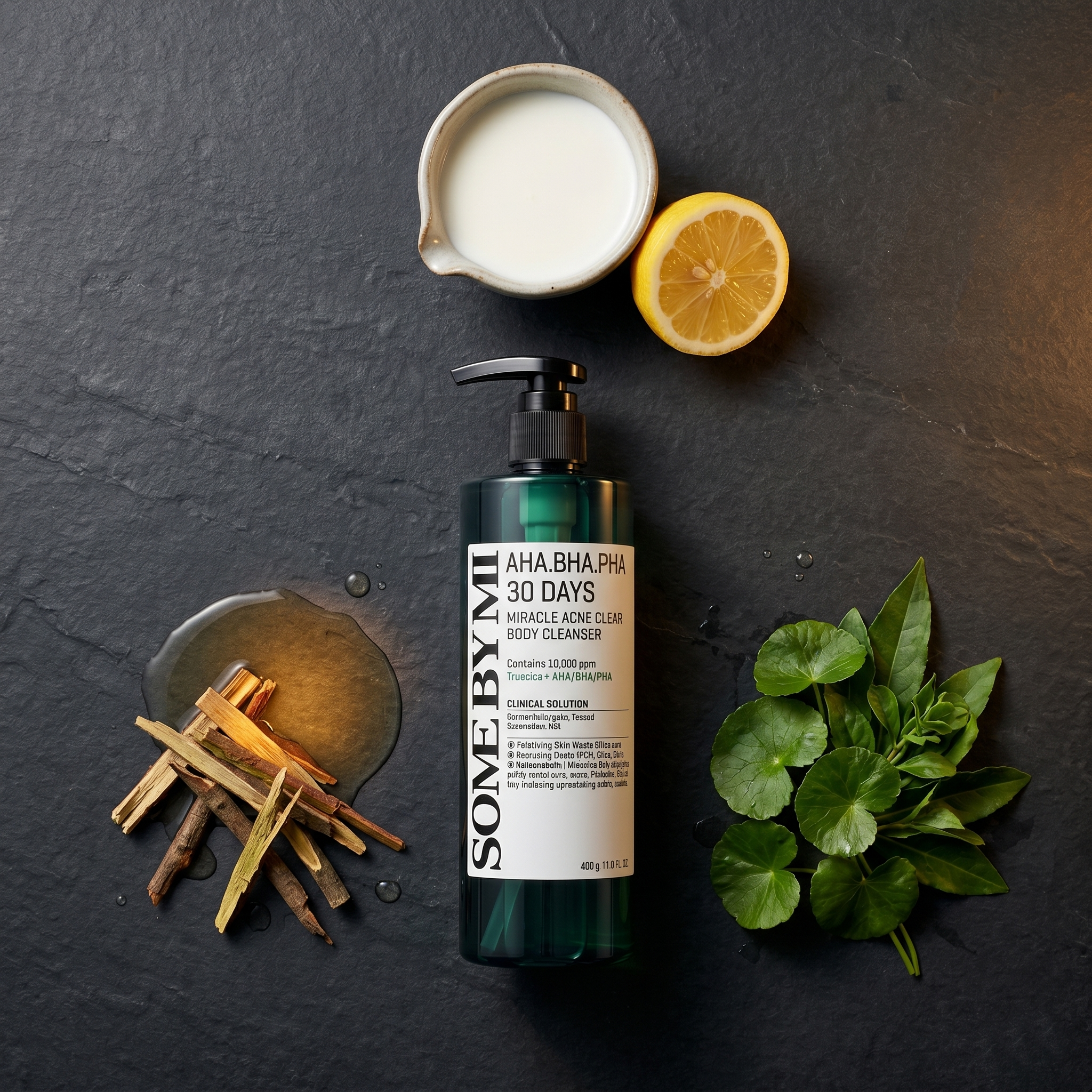 AHA BHA PHA body wash with ingredients — lemon, milk, botanicals